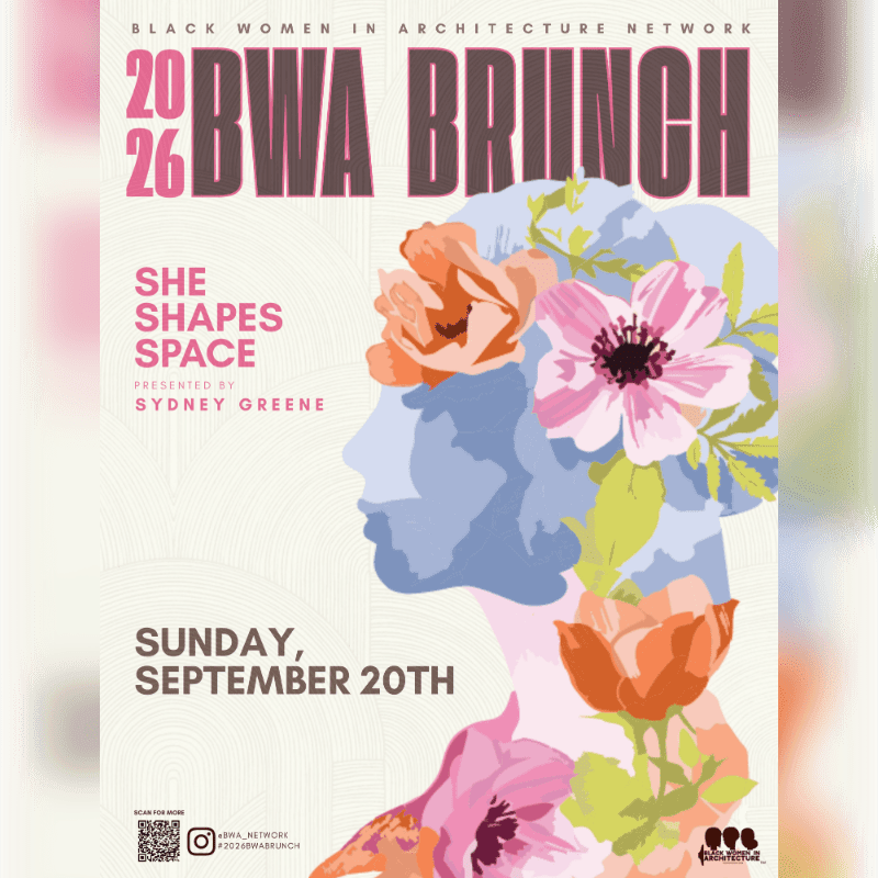 A stylized profile of a woman's head adorned with colorful flowers is set against a textured background, advertising the "2026 BWA Brunch" presented by Sydney Greene on Sunday, September 20th.