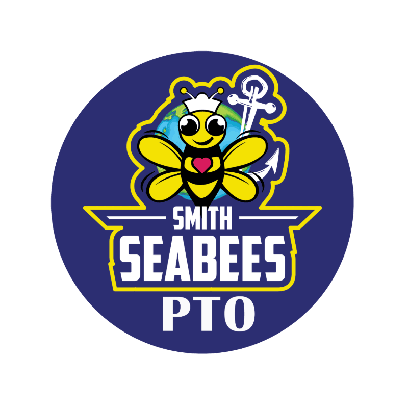 A cartoon bee wearing a sailor hat and a heart on its chest is in the foreground, with a globe and an anchor in the background, all within a navy blue circle with "SMITH SEABEES PTO" written below.