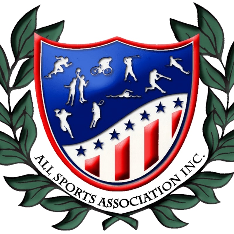 A shield with various sports figures and a star-spangled pattern is framed by green laurel branches.