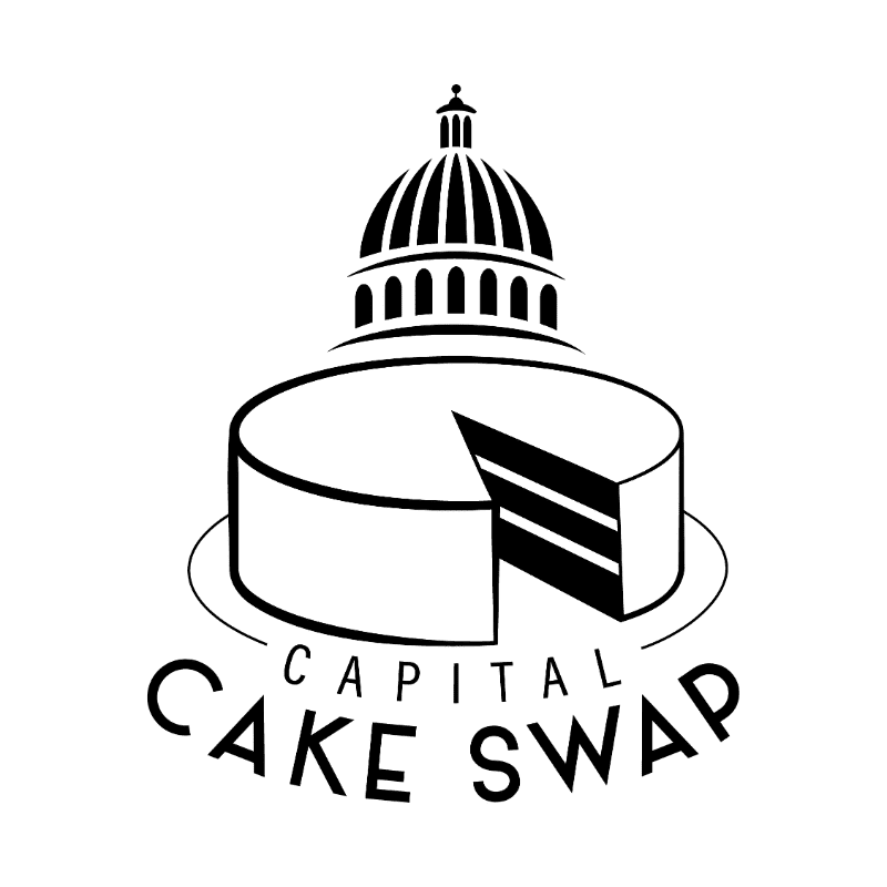 A slice of cake with a dome-shaped building on top is presented in the foreground, with the words "CAPITAL CAKE SWAP" written below it against a white background.