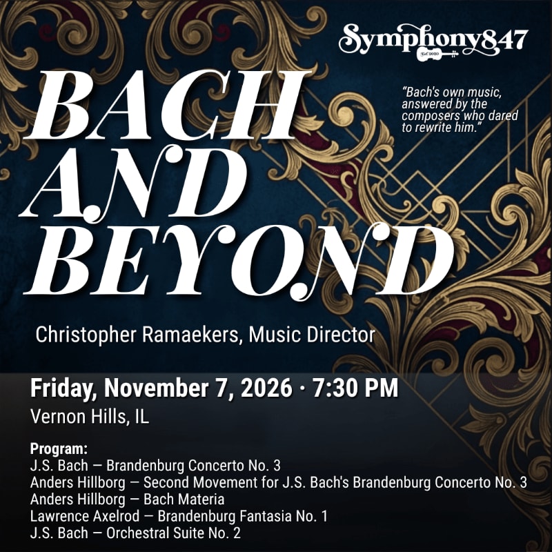 A dark blue background with ornate gold and red patterns frames the title "BACH AND BEYOND" in large white letters, with event details and program information below.