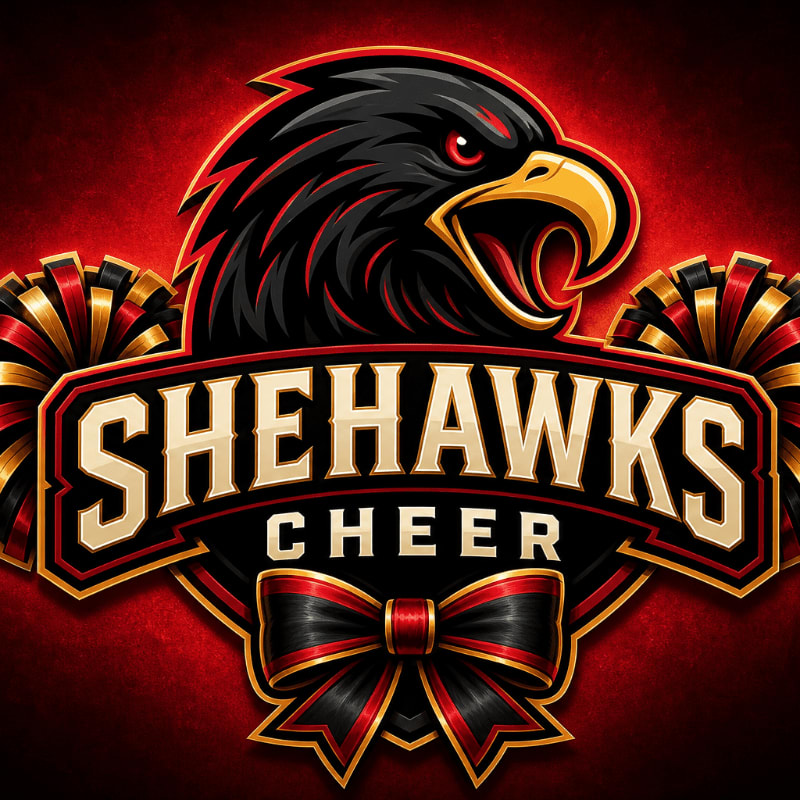 A fierce eagle head with open beak and fiery eyes is emblazoned above the word "SHEHAWKS CHEER" on a shield, framed by pom-poms and a bow, all set against a textured red background.