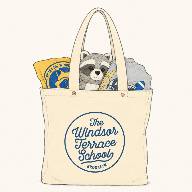 A canvas tote bag with "The Windsor Terrace School Brooklyn" printed on it is filled with a stuffed raccoon, a yellow t-shirt, and a grey hoodie, set against a plain cream background.