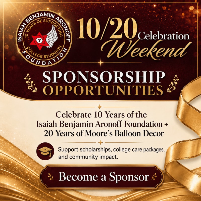 A gold ribbon and wavy patterns fill the background, while the foreground displays text announcing sponsorship opportunities for a 10/20 Celebration Weekend.