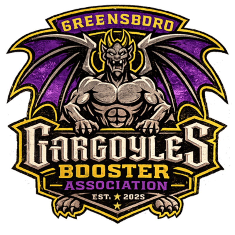 A fierce gargoyle with purple wings is the central figure in the foreground, set against a yellow and black background with the text "GREENSBORO GARGOYLES BOOSTER ASSOCIATION EST. 2025".