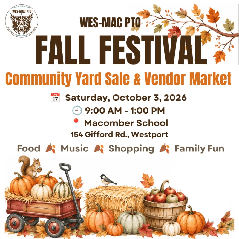 A fall festival poster advertises a community yard sale and vendor market with autumn-themed graphics in the foreground and event details in the background.