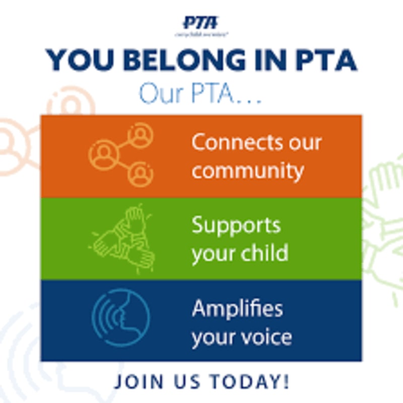 A graphic with the text "YOU BELONG IN PTA" and three colored boxes detailing PTA benefits is set against a background of faint line drawings of people and hands.