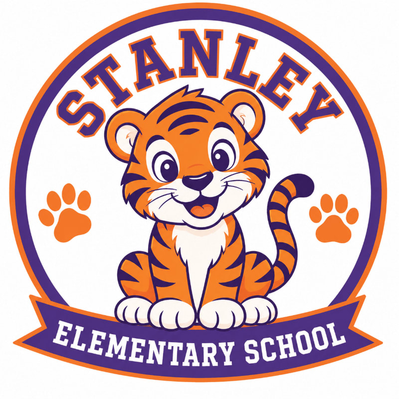 A cartoon tiger sits in the foreground with "STANLEY ELEMENTARY SCHOOL" written on a banner below, all within a circular emblem.