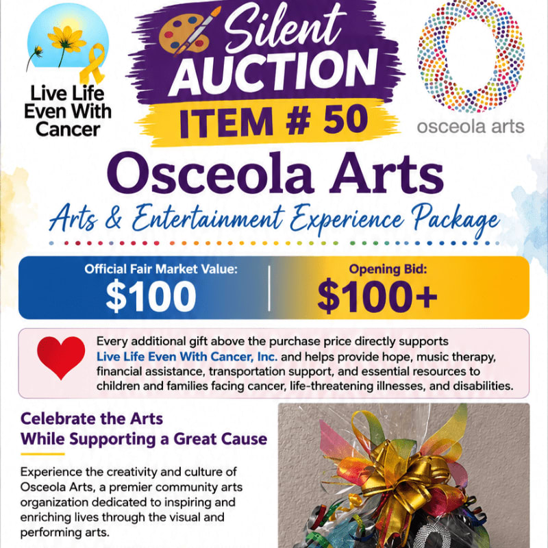 A colorful flyer for a silent auction item, featuring a gift basket in the foreground and event details in the background.