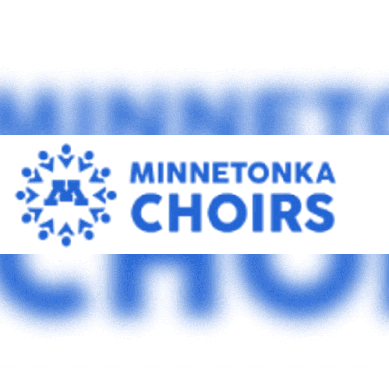 A blue logo with the words "MINNETONKA CHOIRS" and a stylized "M" surrounded by figures is on a white background with a blurred blue overlay.