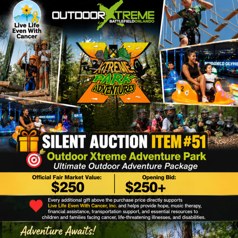A vibrant flyer advertises a silent auction item for an "Outdoor Xtreme Adventure Park Ultimate Outdoor Adventure Package," featuring images of adventurous activities in the background and details about the auction and charity in the foreground.
