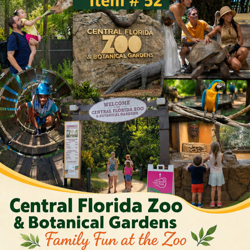 A collage of vibrant scenes from the Central Florida Zoo, featuring families interacting with animals and enjoying attractions, is set against a backdrop of lush greenery and zoo signage.