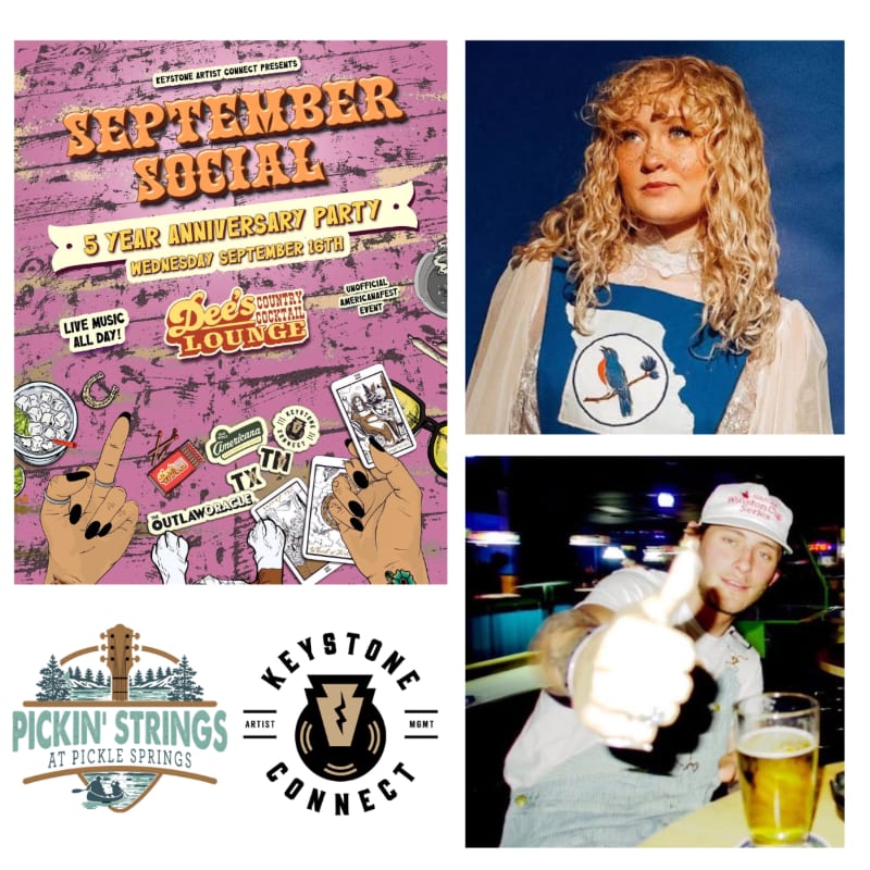 A collage features a flyer for a "September Social" 5-year anniversary party with live music, a portrait of a woman with curly blonde hair, a man giving a thumbs-up at a bar, and two logos.