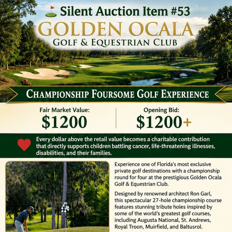 A golfer putts on a manicured green in the foreground, with a scenic golf course and a bridge in the background, all under a banner advertising a silent auction for a golf experience.