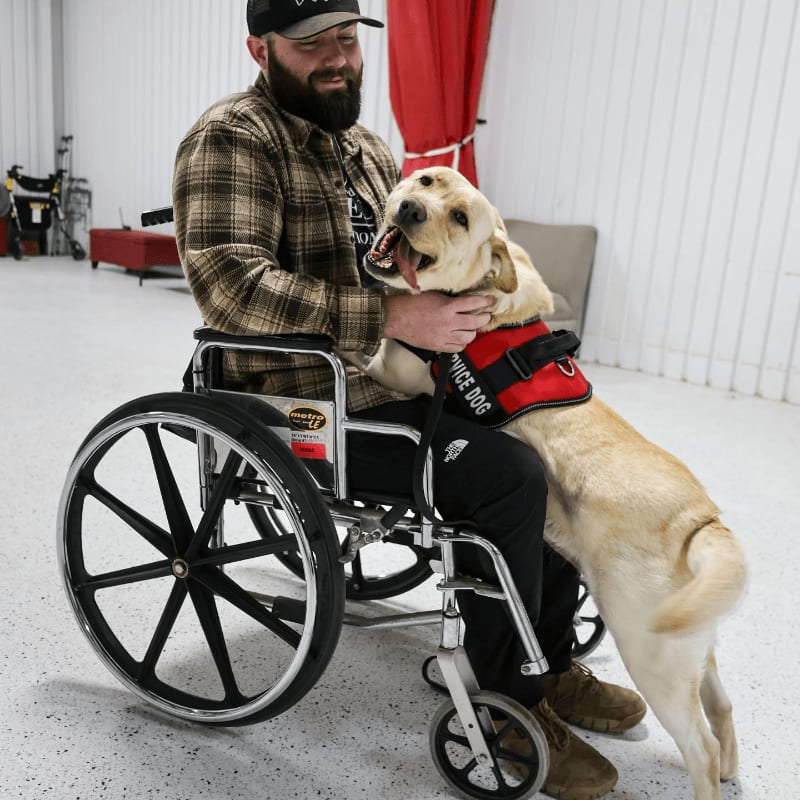 A man in a wheelchair is being greeted by a service dog in the foreground, with a red curtain and industrial-style walls in the background.