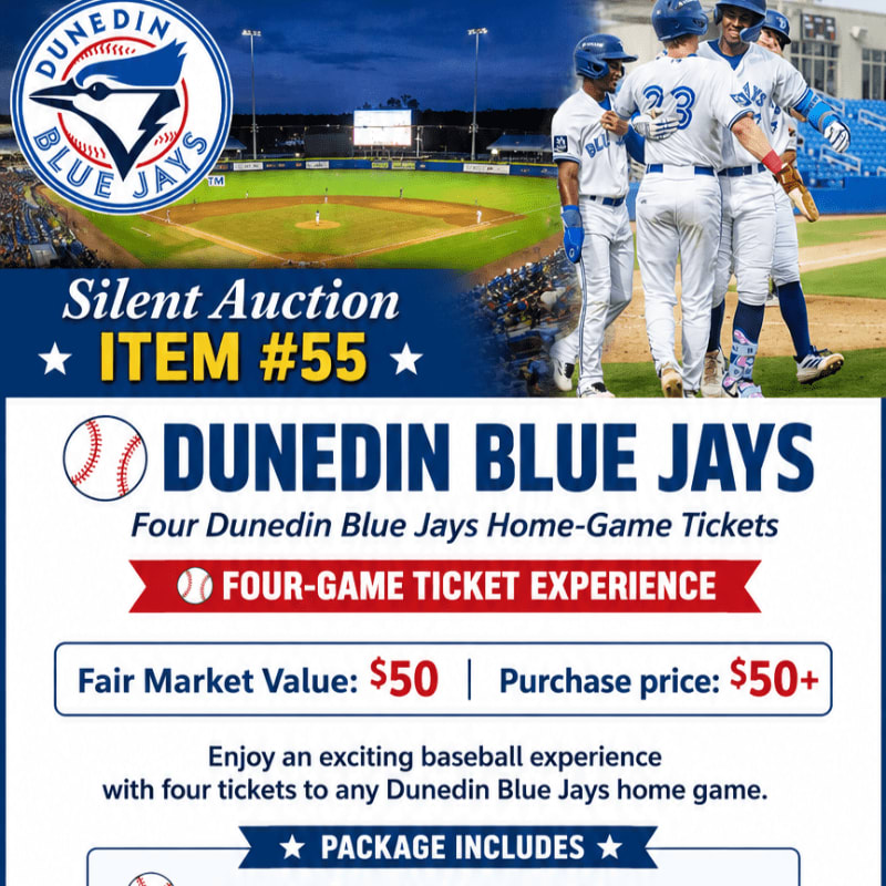 In the foreground, a promotional poster for a Dunedin Blue Jays silent auction item offers four home-game tickets, while the background features a baseball stadium with players celebrating.