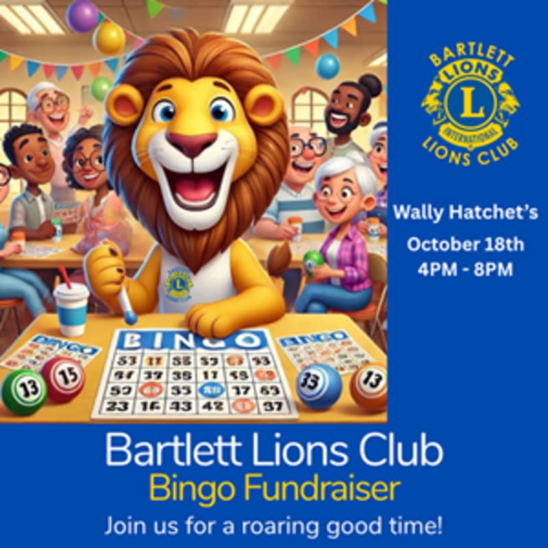 A cartoon lion mascot stands behind a bingo table with people playing in the background, advertising a Bartlett Lions Club Bingo Fundraiser.