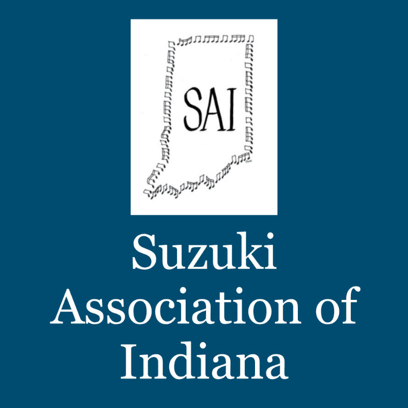 A white outline of Indiana filled with musical notes and the letters "SAI" is centered above the words "Suzuki Association of Indiana" on a dark blue background.
