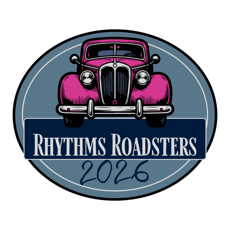 A vintage pink roadster is centered in the foreground, set against a blue oval background with the text "RHYTHMS ROADSTERS 2026" in the lower portion.