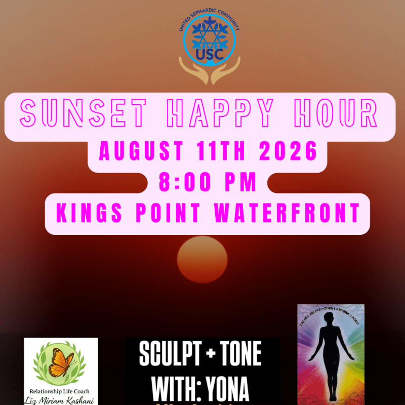 A sunset with a glowing orange orb in the background is overlaid with text announcing a "Sunset Happy Hour" event, while the foreground features logos and event details.