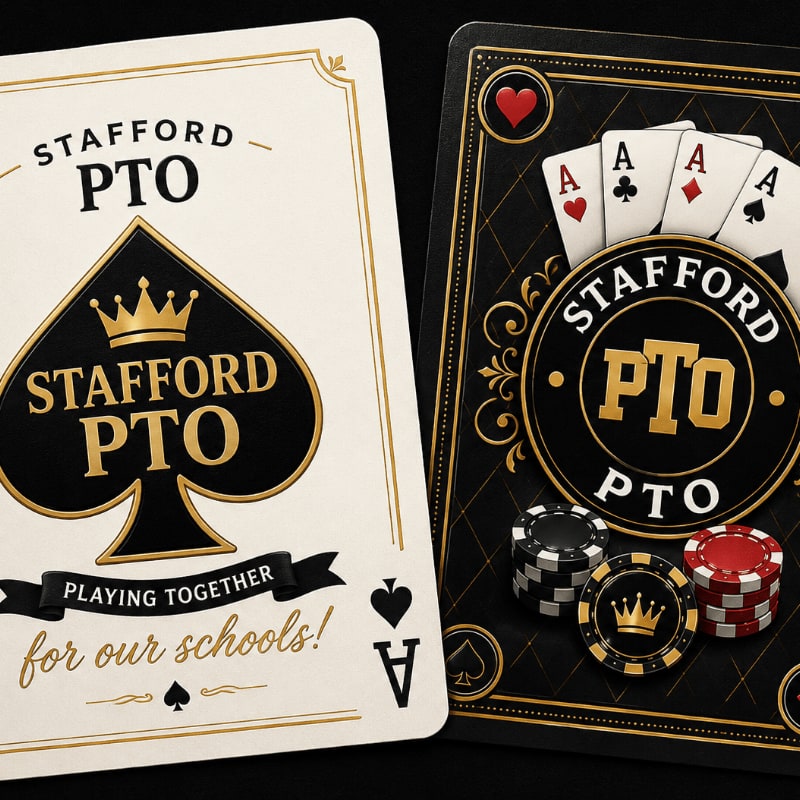 Two playing cards, one featuring a large spade with "Stafford PTO" and the other displaying four aces and poker chips, are set against a dark background.