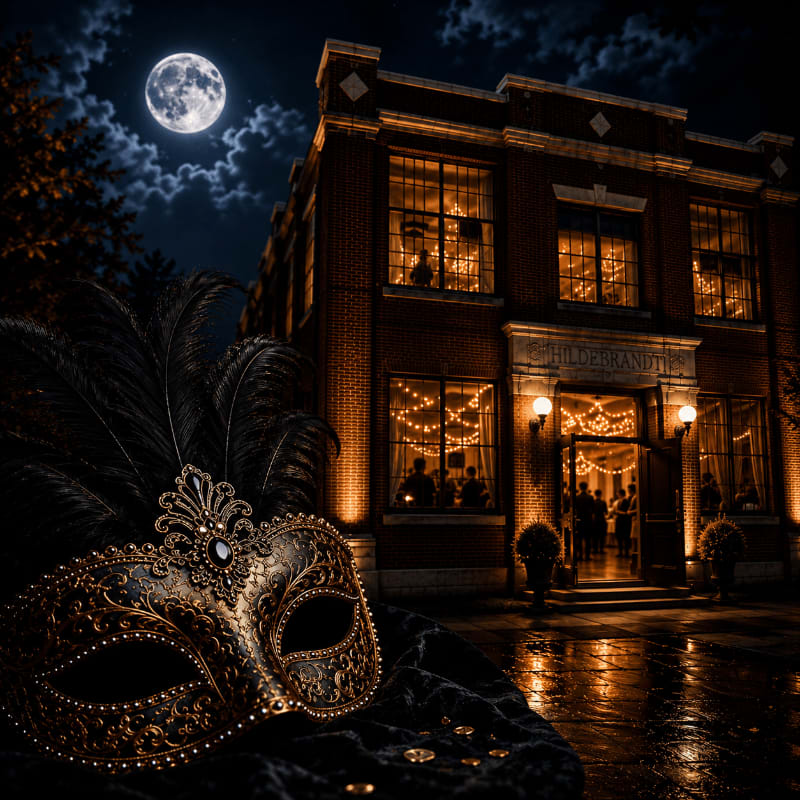 A gilded masquerade mask rests on a dark cloth in the foreground, while a warmly lit brick building with a full moon overhead stands in the background.