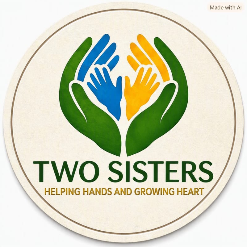 Green hands cradle smaller blue and yellow hands within a circular logo, set against a light beige background.