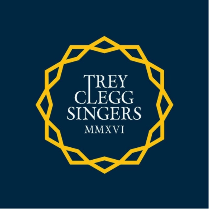 White text reading "TREY CLEGG SINGERS MM XVI" is centered within a yellow geometric starburst on a dark blue background.