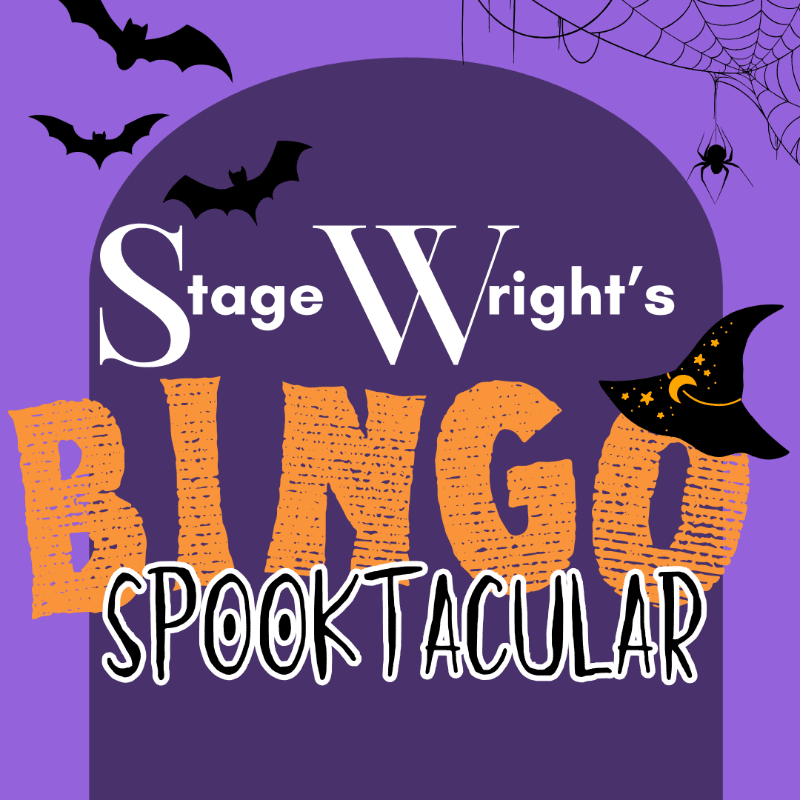 Orange letters spelling "BINGO SPOOKTACULAR" with a witch's hat on the "O" are in the foreground against a purple background with bats and a spider.