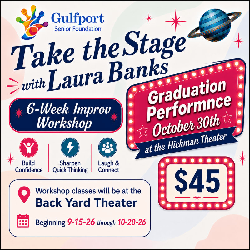 A colorful flyer advertises a 6-week improv workshop and graduation performance by Laura Banks, with details about dates, location, and cost against a starry background with a planet.