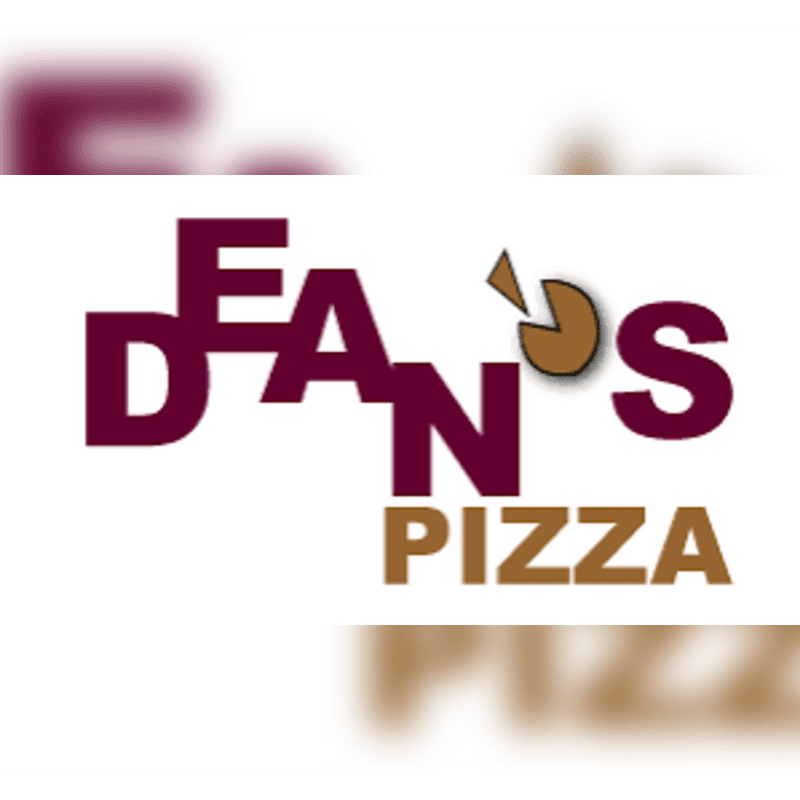 Bold, stylized letters spelling "DEAN'S PIZZA" are in the foreground against a blurred background of the same text.