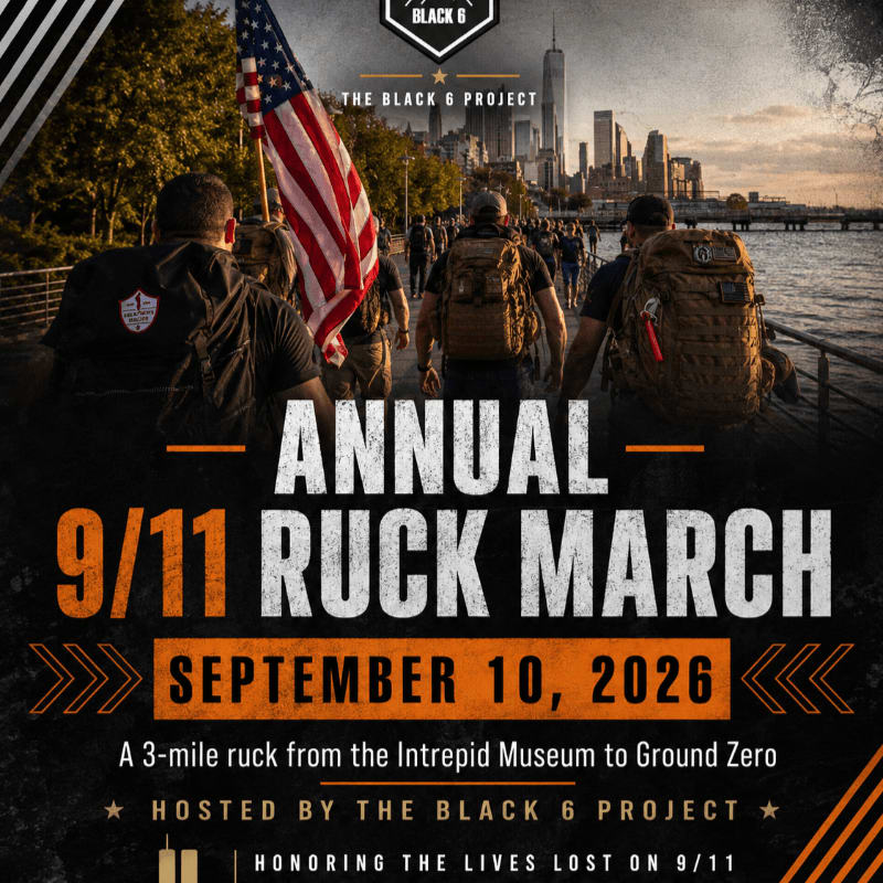 A group of people carrying backpacks and an American flag walk along a waterfront with a city skyline in the background, advertising the Annual 9/11 Ruck March.