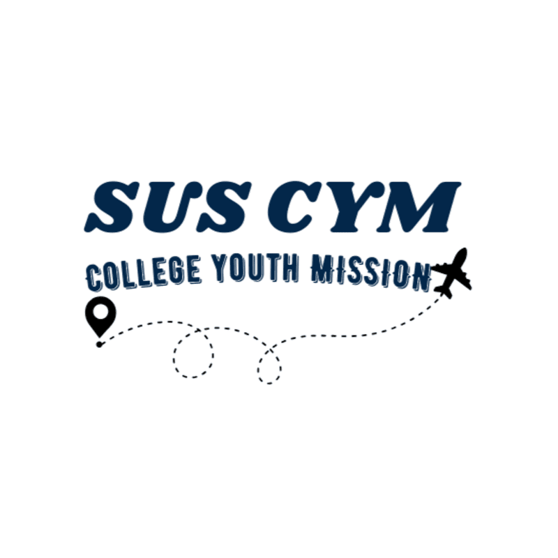 A location pin and a dotted line trail lead to an airplane in the foreground, with the words "SUS CYM COLLEGE YOUTH MISSION" in dark blue text against a white background in the background.