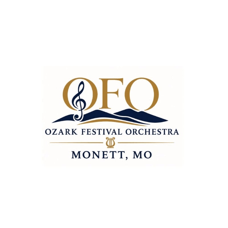 A logo for Ozark Festival Orchestra in Monett, MO, features a treble clef and mountains in the foreground against a cream background.