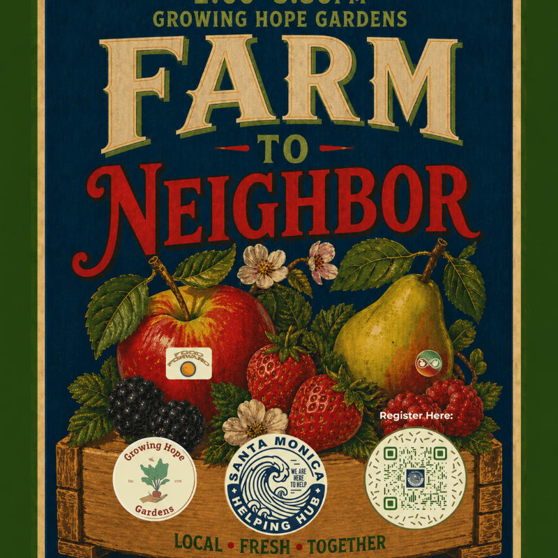 A wooden crate overflowing with fresh fruit like apples, pears, strawberries, raspberries, and blackberries sits in the foreground, while the background features bold text announcing "FARM TO NEIGHBOR" and "GROWING HOPE GARDENS."