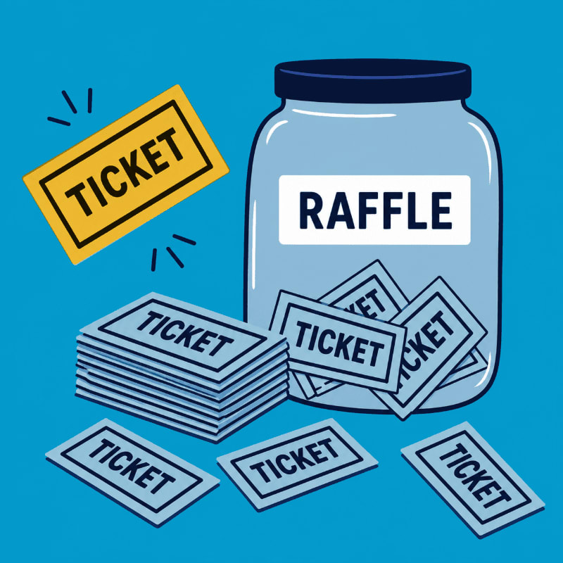 A jar labeled "RAFFLE" is filled with tickets, with a stack of tickets and a single ticket in the foreground against a blue background.