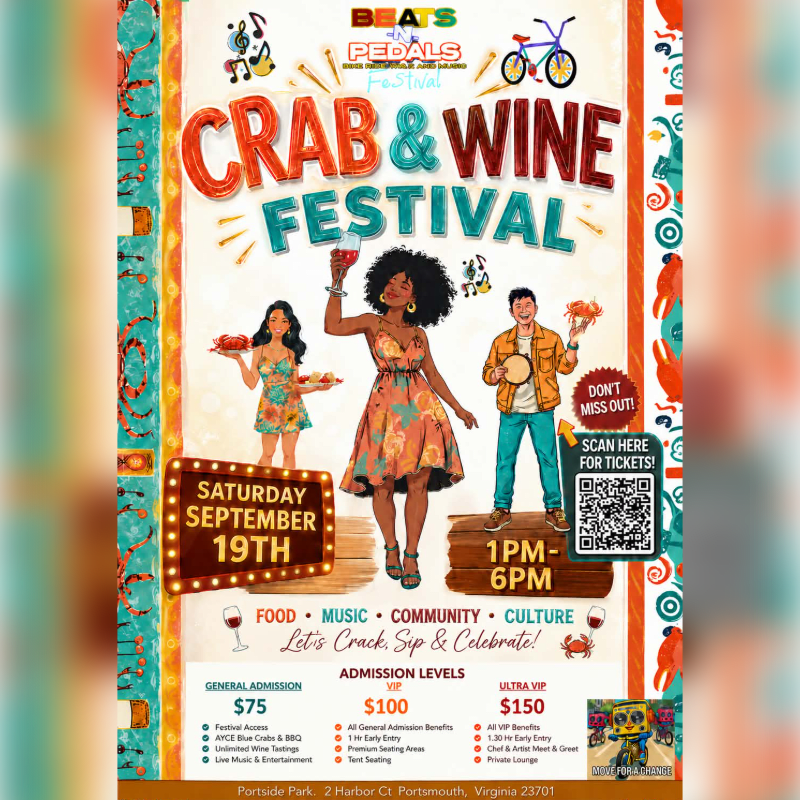 A vibrant poster advertises a "Crab & Wine Festival" with cartoonish characters and event details in the foreground, set against a colorful, patterned background.
