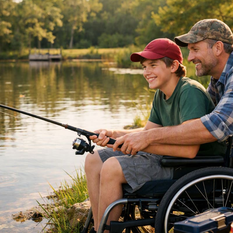 A father in a wheelchair and his son are fishing by a calm lake surrounded by lush green trees.