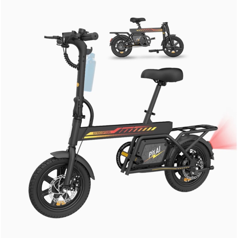 A black foldable electric bicycle with a red taillight is in the foreground, while a smaller, similar bicycle is inset in the background.