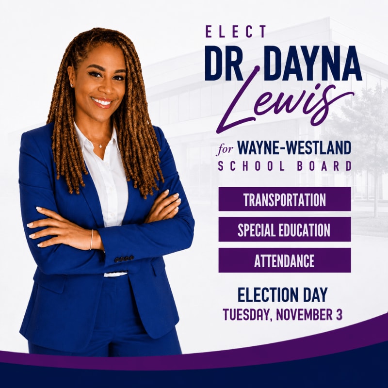 A smiling woman in a blue suit stands in the foreground with her arms crossed, while the background features text promoting her election to the Wayne-Westland School Board.