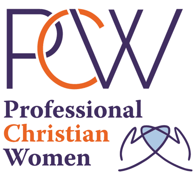 The foreground features the letters "FCW" in purple and orange, with the words "Professional Christian Women" below, while the background is a clean white space with a stylized icon of hands holding a heart.