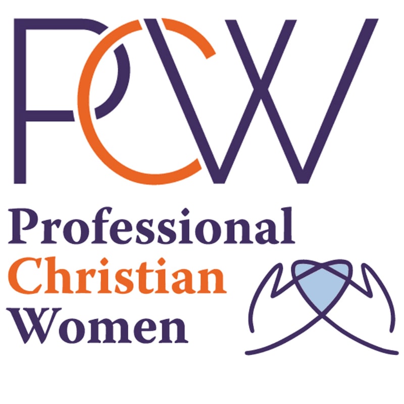 The foreground features the letters "FCW" in purple and orange, with the words "Professional Christian Women" below, while the background is a clean white space with a stylized icon of hands holding a heart.