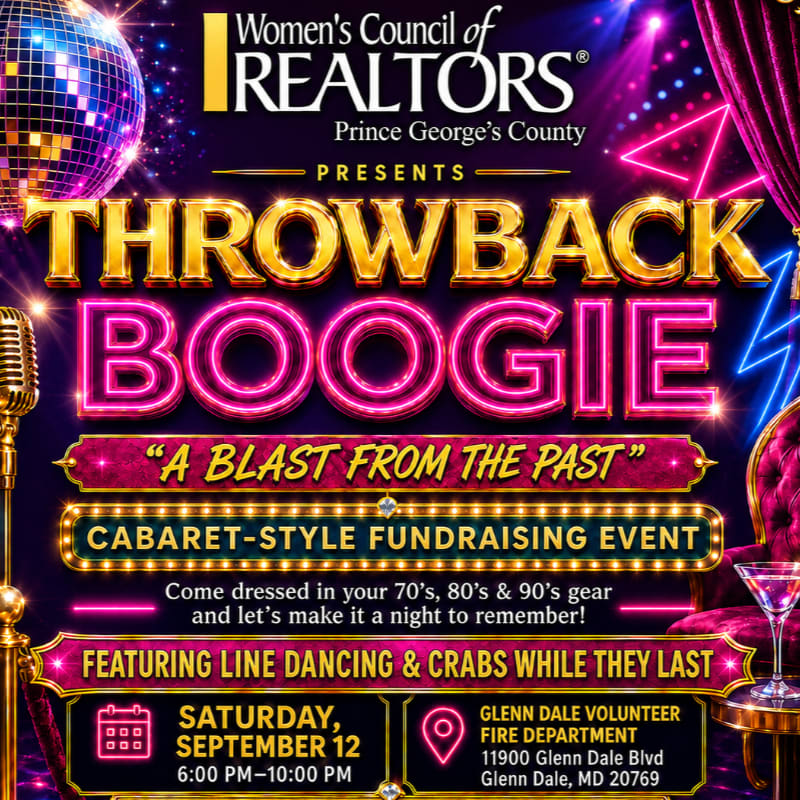 A disco ball and microphone are in the foreground of a vibrant flyer advertising a "Throwback Boogie" cabaret-style fundraising event with neon lights and curtains in the background.