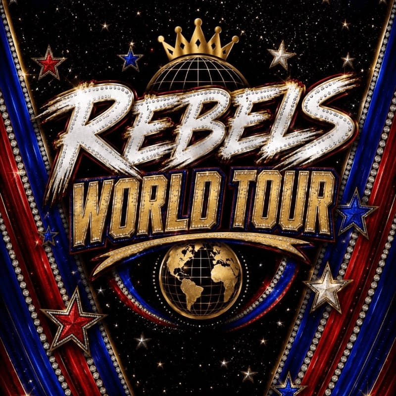 A glittering "REBELS WORLD TOUR" logo with a globe and crown is set against a starry black background framed by red and blue striped borders adorned with stars and rhinestones.