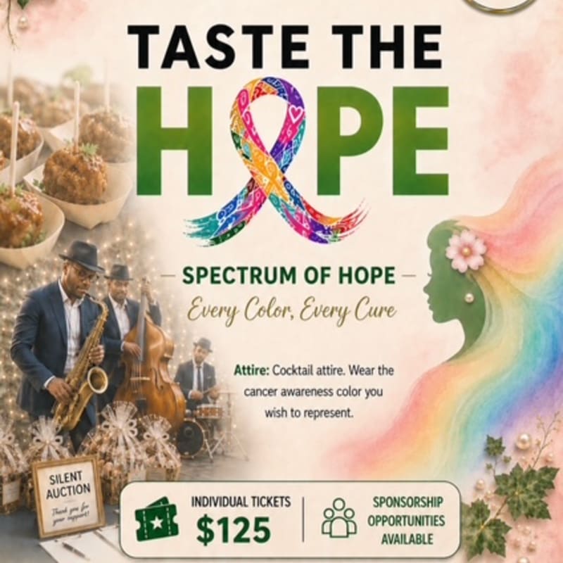 A vibrant ribbon with the word "HOPE" is displayed above a jazz trio performing at a silent auction, with colorful abstract art and event details in the background.