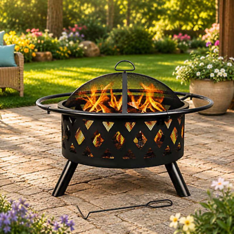 A black metal fire pit with a roaring fire sits on a brick patio in the foreground, while a lush green backyard with blooming flowers and trees is visible in the background.