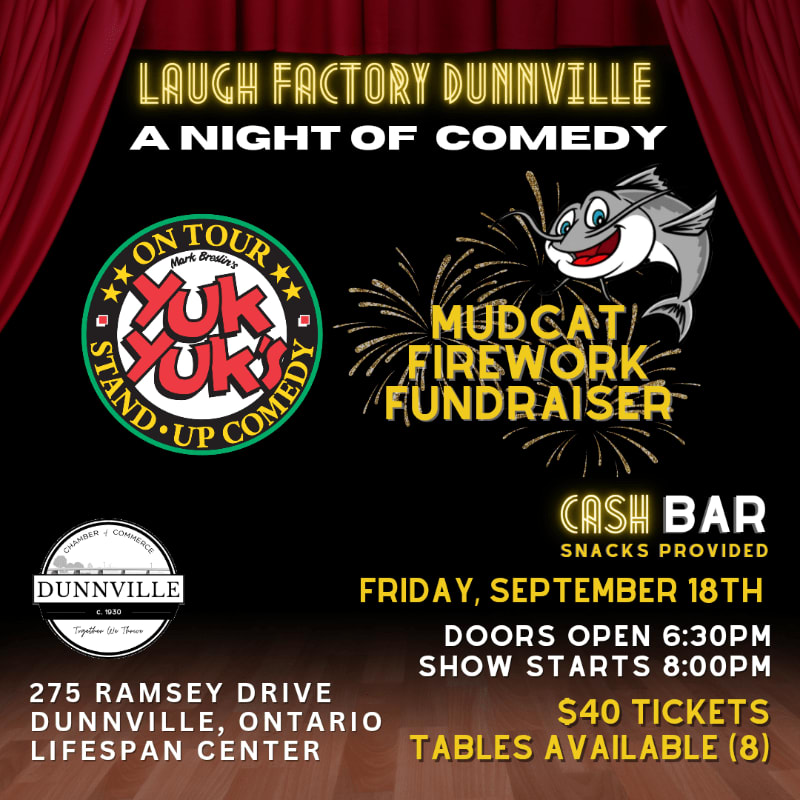 Red curtains frame a dark background advertising a comedy night with logos for "Yuk Yuk's" and "Mudcat Firework Fundraiser," along with event details for "Laugh Factory Dunnville."