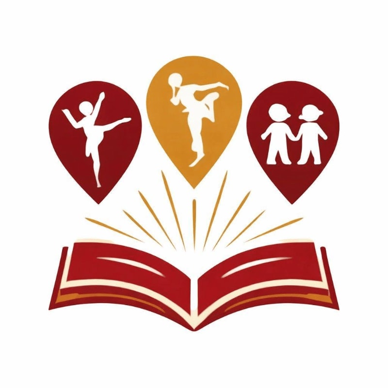 An open book with stylized figures of a dancer, a martial artist, and children holding hands above it, all against a white background.