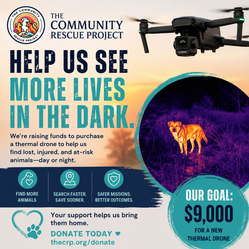 A drone hovers in the sky above a thermal image of a dog in tall grass, with text promoting The Community Rescue Project's fundraising for a thermal drone.