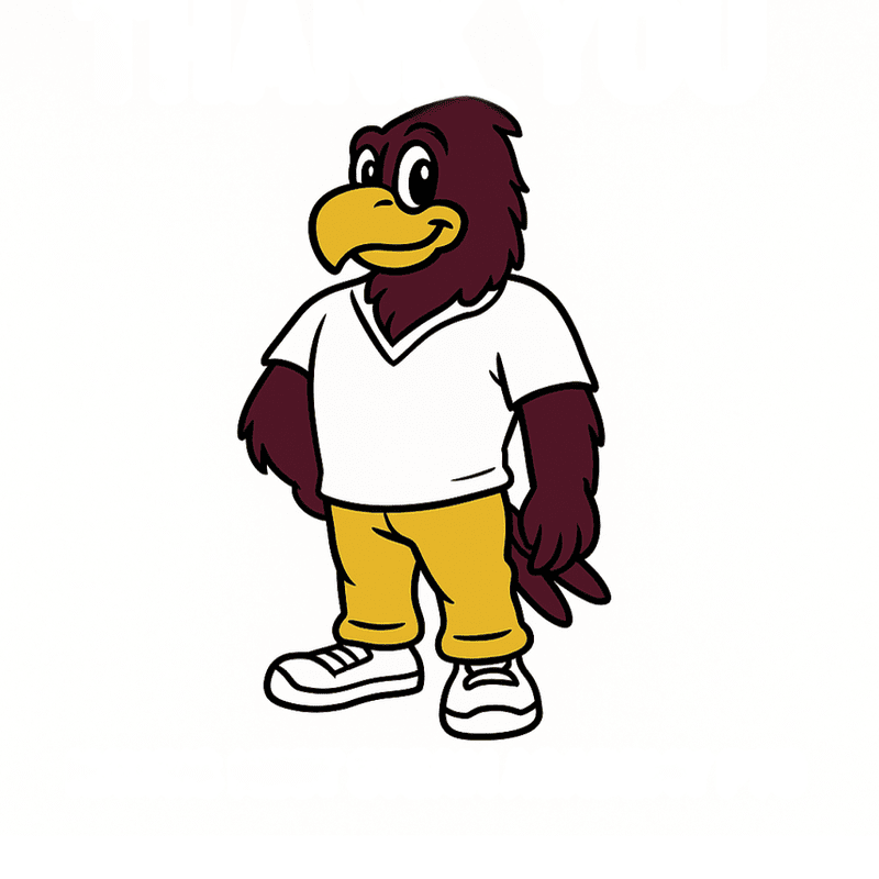A cartoon hawk with maroon feathers and a yellow beak stands in the foreground wearing a white t-shirt and gold pants against a plain white background.